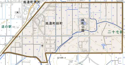 風連町緑町とその周辺の地図。町の範囲を重ねている