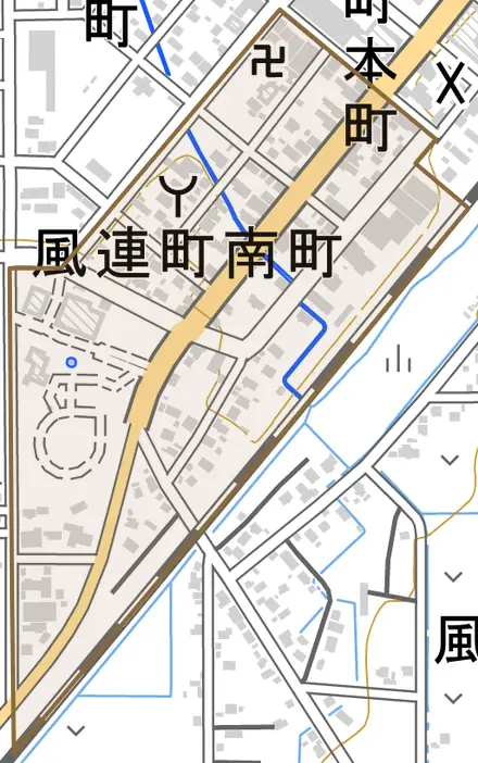 風連町南町とその周辺の地図。町の範囲を重ねている