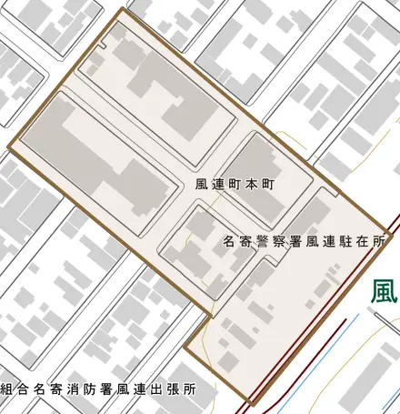風連町本町とその周辺の地図。町の範囲を重ねている