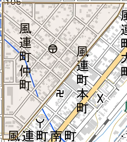 風連町仲町とその周辺の地図。町の範囲を重ねている