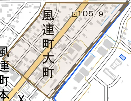 風連町大町とその周辺の地図。町の範囲を重ねている