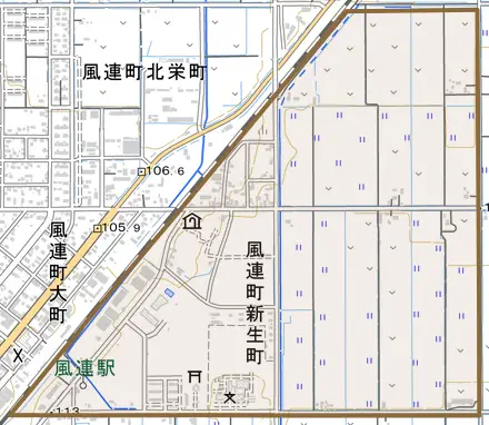 風連町新生町とその周辺の地図。町の範囲を重ねている