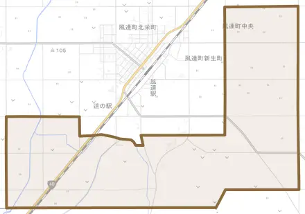 風連町字中央とその周辺の地図。町の範囲を重ねている