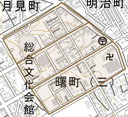 曙町とその周辺の地図。町の範囲を重ねている