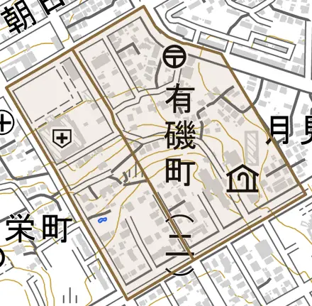 有磯町とその周辺の地図。町の範囲を重ねている
