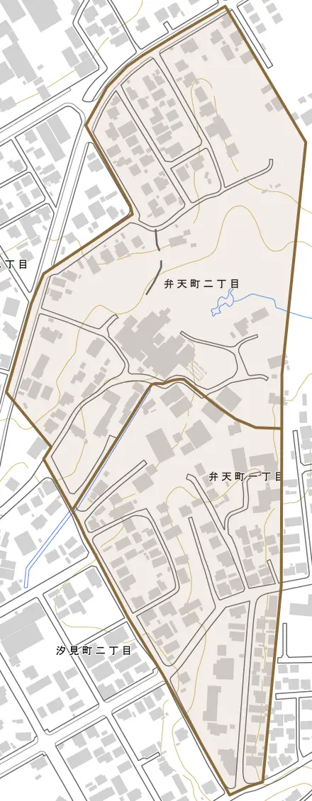 弁天町とその周辺の地図。町の範囲を重ねている