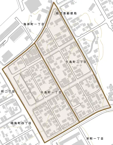 千島町とその周辺の地図。町の範囲を重ねている