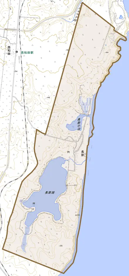 長節とその周辺の地図。町の範囲を重ねている