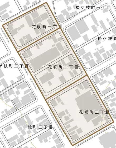花咲町とその周辺の地図。町の範囲を重ねている