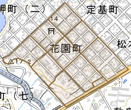 花園町とその周辺の地図。町の範囲を重ねている