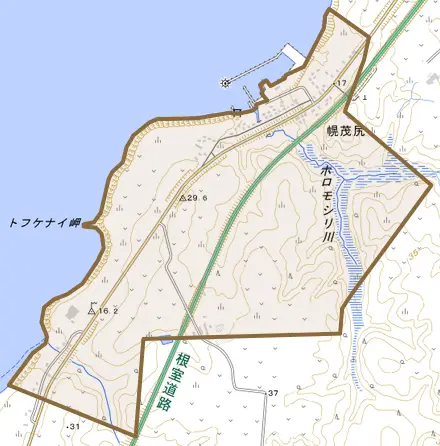幌茂尻とその周辺の地図。町の範囲を重ねている