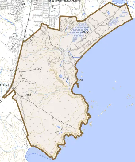 桂木とその周辺の地図。町の範囲を重ねている