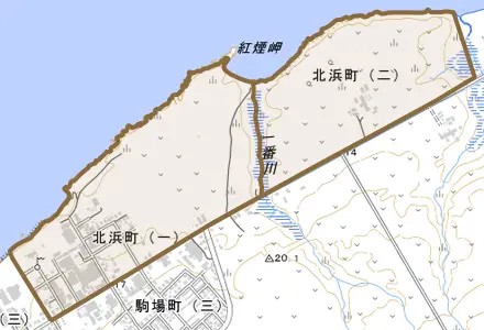 北浜町とその周辺の地図。町の範囲を重ねている