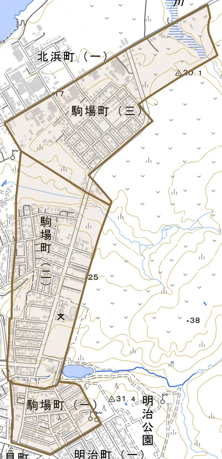 駒場町とその周辺の地図。町の範囲を重ねている