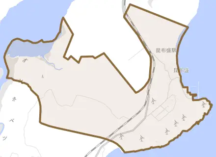 昆布盛とその周辺の地図。町の範囲を重ねている