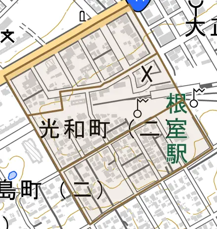 光和町とその周辺の地図。町の範囲を重ねている