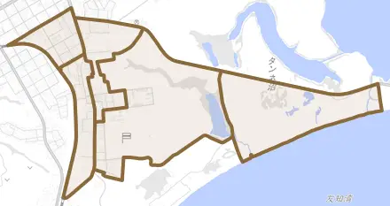 光洋町とその周辺の地図。町の範囲を重ねている
