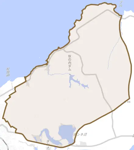 牧の内とその周辺の地図。町の範囲を重ねている