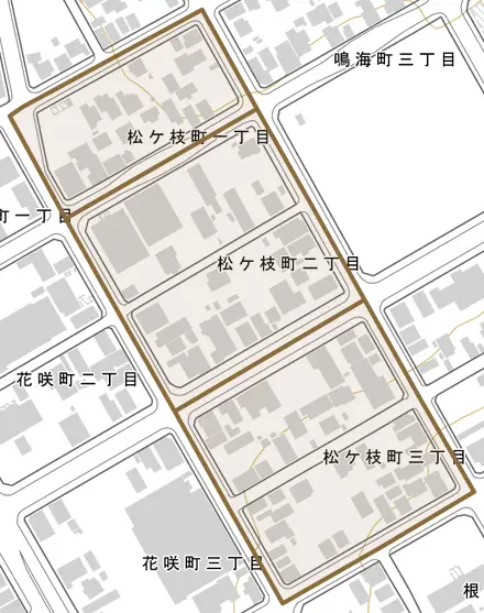 松ケ枝町とその周辺の地図。町の範囲を重ねている