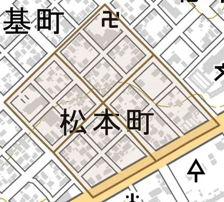 松本町とその周辺の地図。町の範囲を重ねている