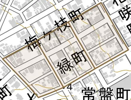 緑町とその周辺の地図。町の範囲を重ねている