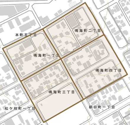 鳴海町とその周辺の地図。町の範囲を重ねている