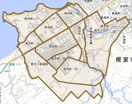 西浜町とその周辺の地図。町の範囲を重ねている