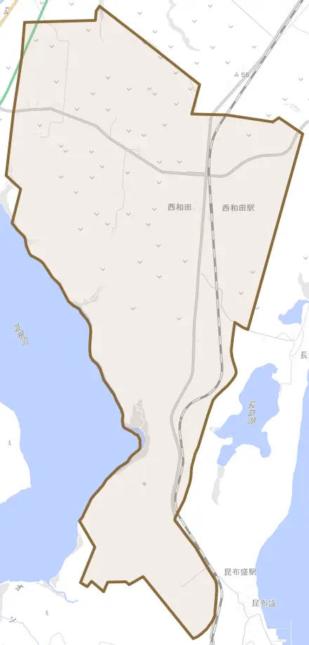 西和田とその周辺の地図。町の範囲を重ねている