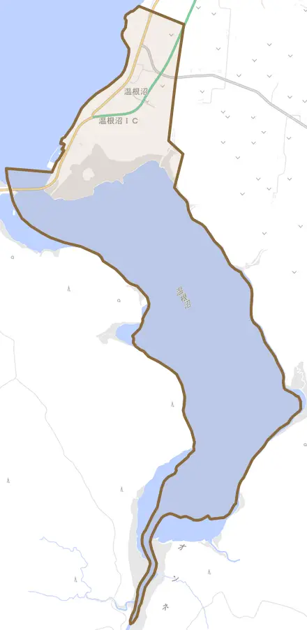 温根沼とその周辺の地図。町の範囲を重ねている