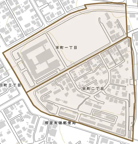 栄町とその周辺の地図。町の範囲を重ねている