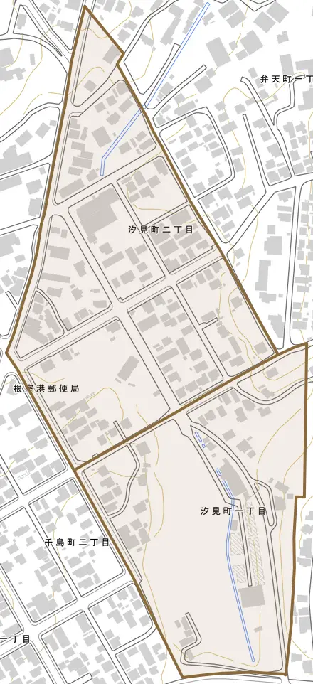 汐見町とその周辺の地図。町の範囲を重ねている