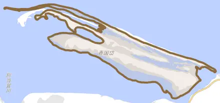 春国岱とその周辺の地図。町の範囲を重ねている