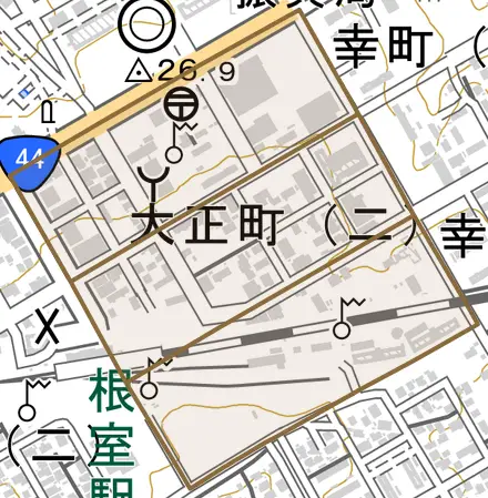 大正町とその周辺の地図。町の範囲を重ねている