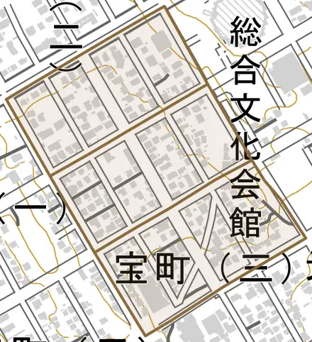 宝町とその周辺の地図。町の範囲を重ねている