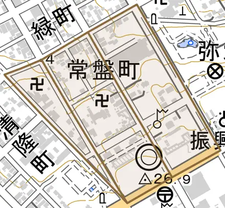 常盤町とその周辺の地図。町の範囲を重ねている