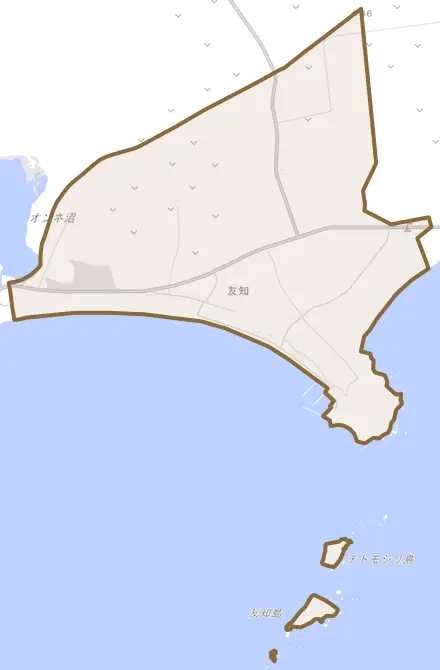 友知とその周辺の地図。町の範囲を重ねている