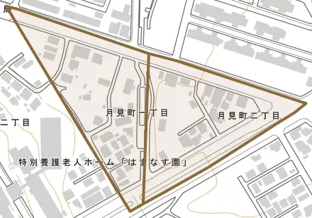 月見町とその周辺の地図。町の範囲を重ねている