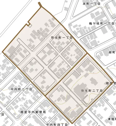 弥生町とその周辺の地図。町の範囲を重ねている