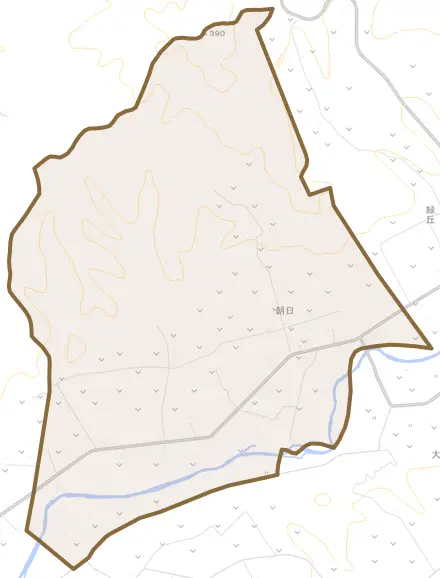 字朝日とその周辺の地図。町の範囲を重ねている