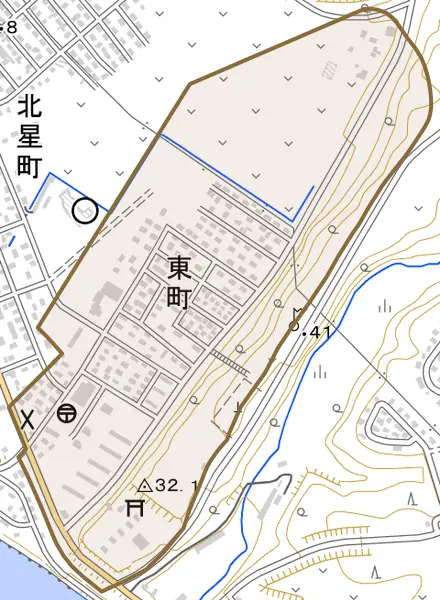 字東町とその周辺の地図。町の範囲を重ねている