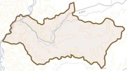 字美宇とその周辺の地図。町の範囲を重ねている