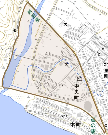 字中央町とその周辺の地図。町の範囲を重ねている