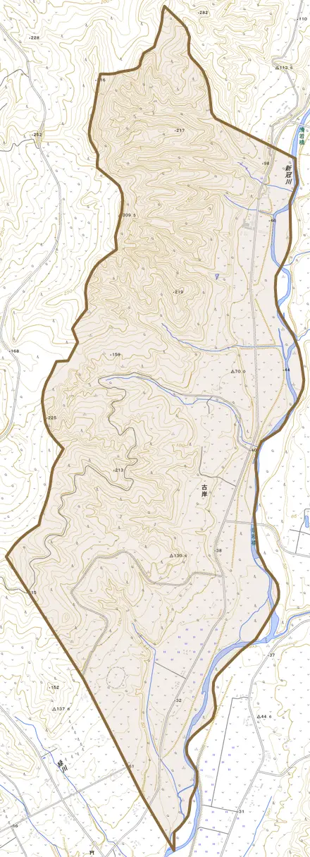 字古岸とその周辺の地図。町の範囲を重ねている