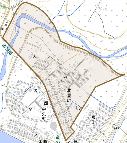 字北星町とその周辺の地図。町の範囲を重ねている