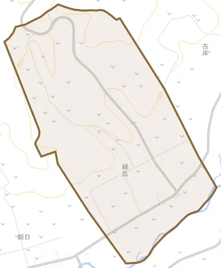 字緑丘とその周辺の地図。町の範囲を重ねている