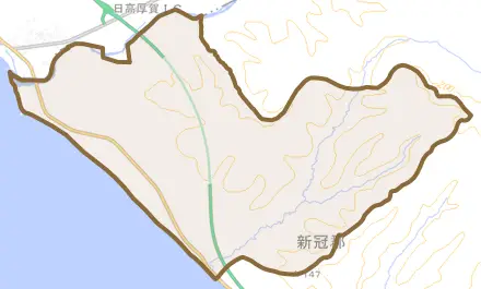 字大狩部とその周辺の地図。町の範囲を重ねている