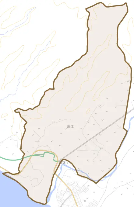 字高江とその周辺の地図。町の範囲を重ねている