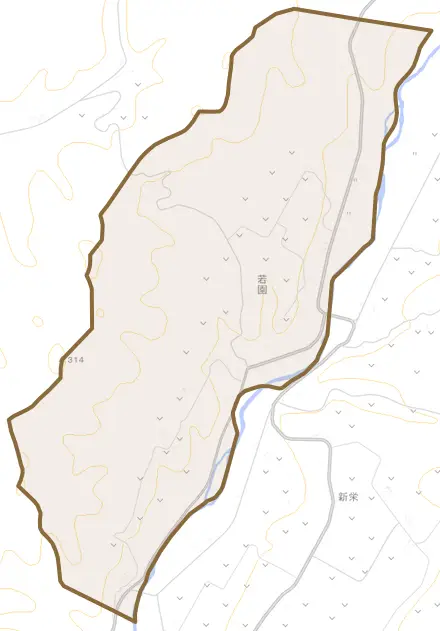 字若園とその周辺の地図。町の範囲を重ねている