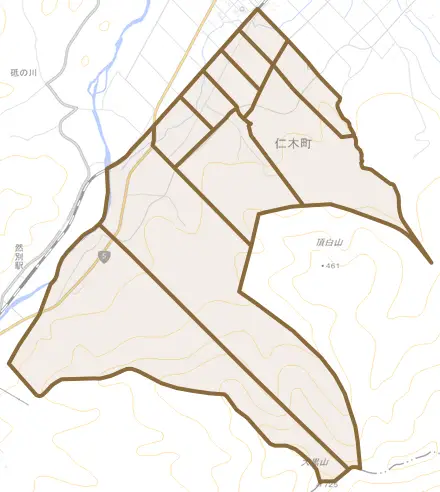 南町とその周辺の地図。町の範囲を重ねている
