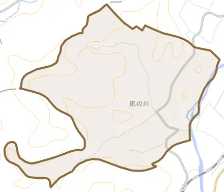 砥の川とその周辺の地図。町の範囲を重ねている